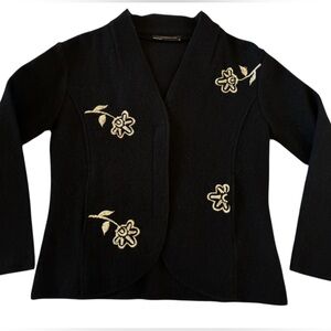 Stitches Petites Black Boiled Wool Embroidered Floral Open Front Jacket Medium